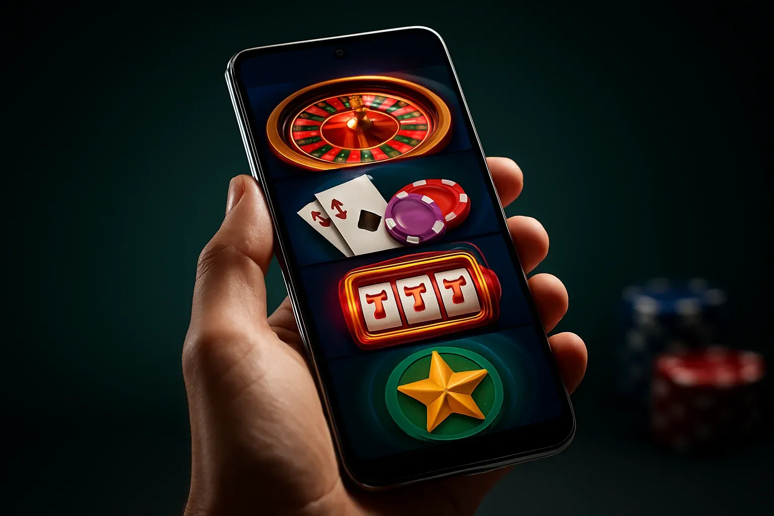 Hyperrealistic Android smartphone showing premium casino app interface with blurred chips