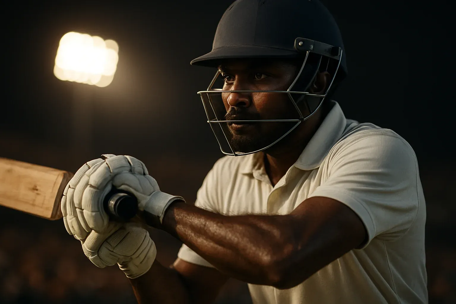 Bangladeshi male cricket batsman in white kit mid-swing under stadium lights