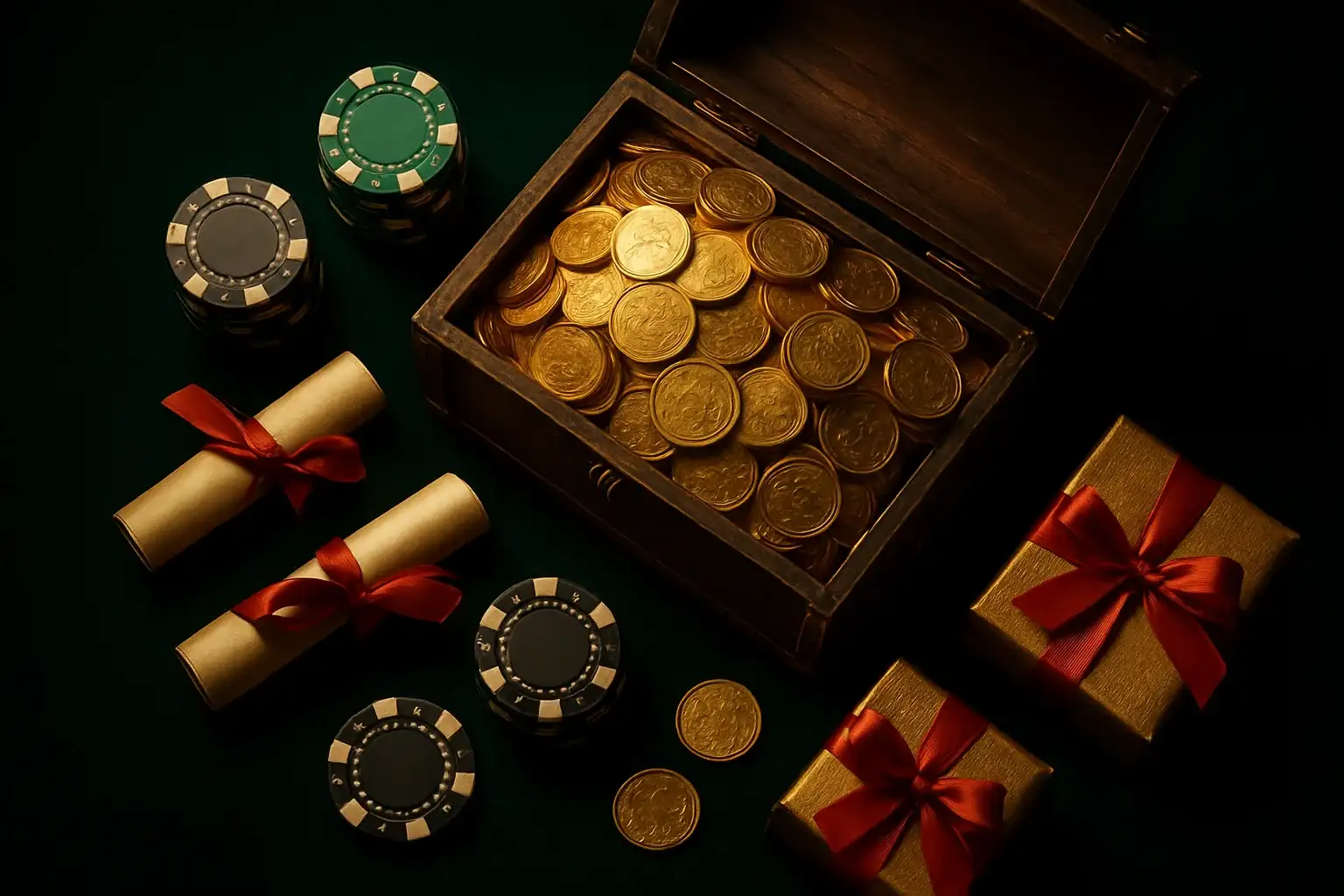 Overflowing treasure chest with coins, casino chips, vouchers, and gift boxes