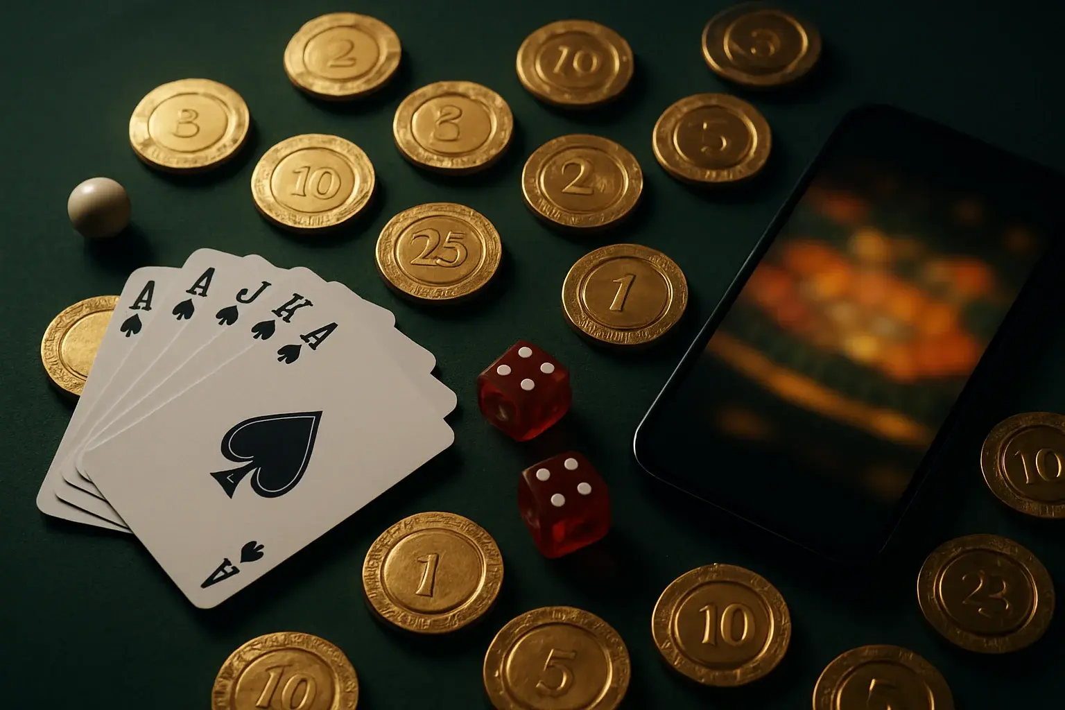 Top-down casino table with gold chips, cards, dice, roulette ball, smartphone