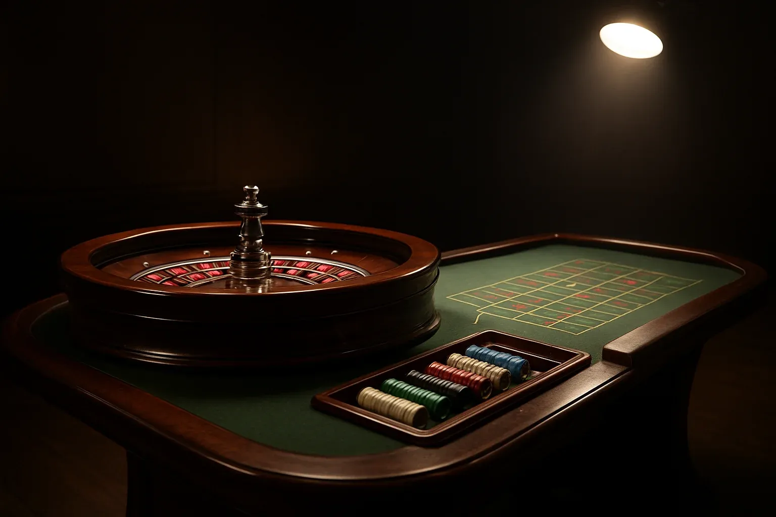 Hyperrealistic live casino studio with empty roulette table and dramatic lighting