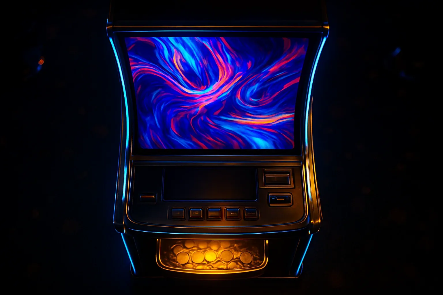 Premium slot machine glowing in dark luxury casino with neon lighting